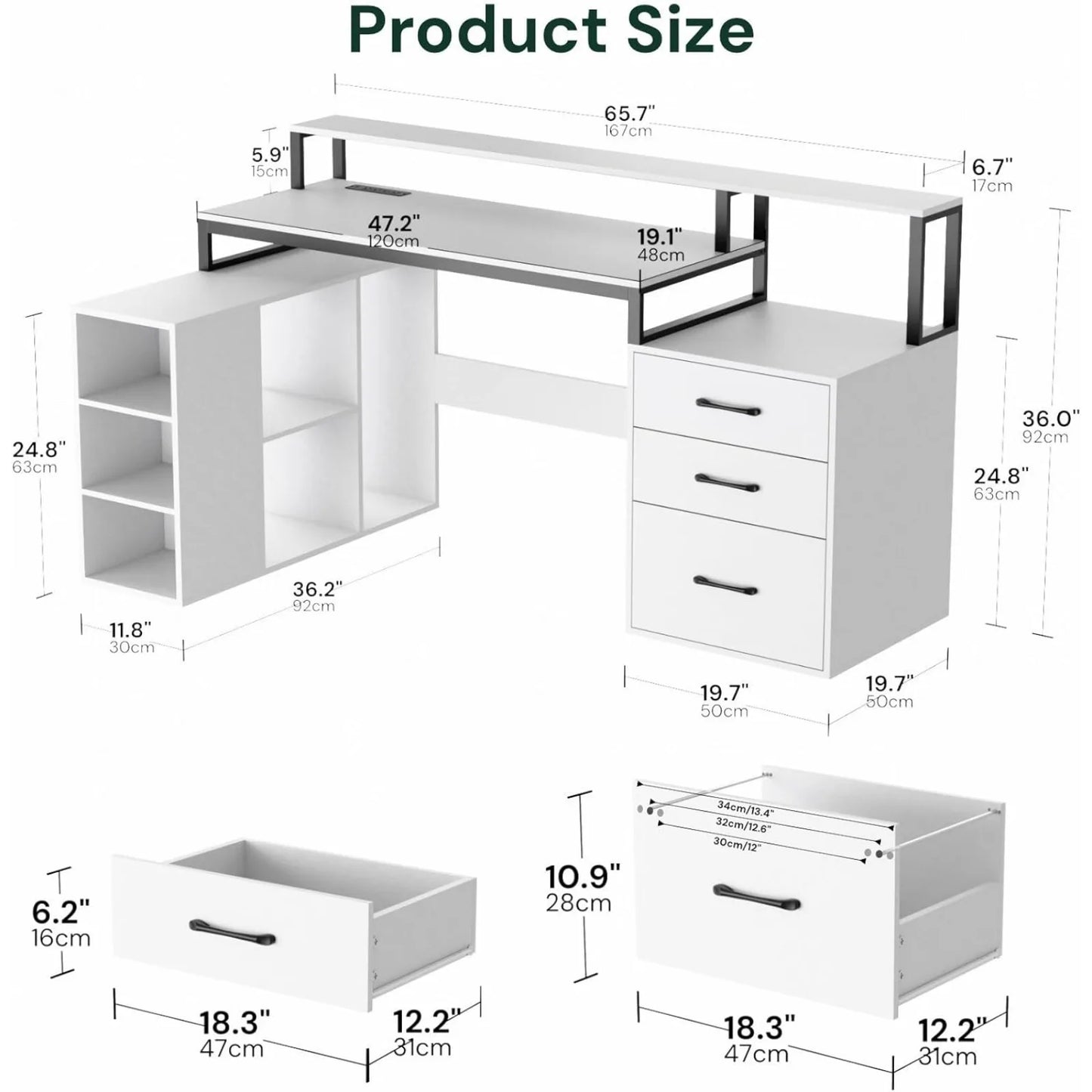 US L Shaped Computer Desk with 3 Drawers, 65.7" Large Desk with Power Outlet and LED Lights ShopOnlyDeal