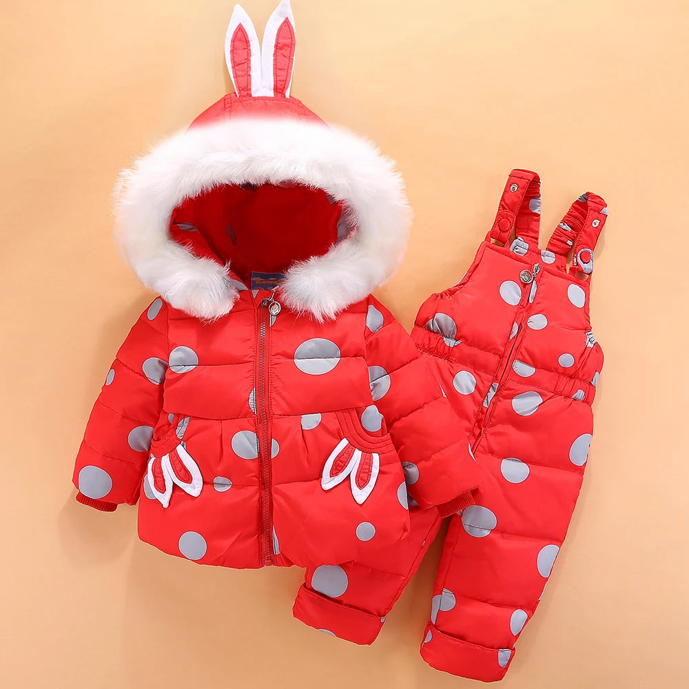 Winter Baby Girls 2PCS Set Rabbit Ear Soft Fur Hooded Infant Girl Down Jacket Snowsuits Contrast Dot Strappy Pants Outfits ShopOnlyDeal