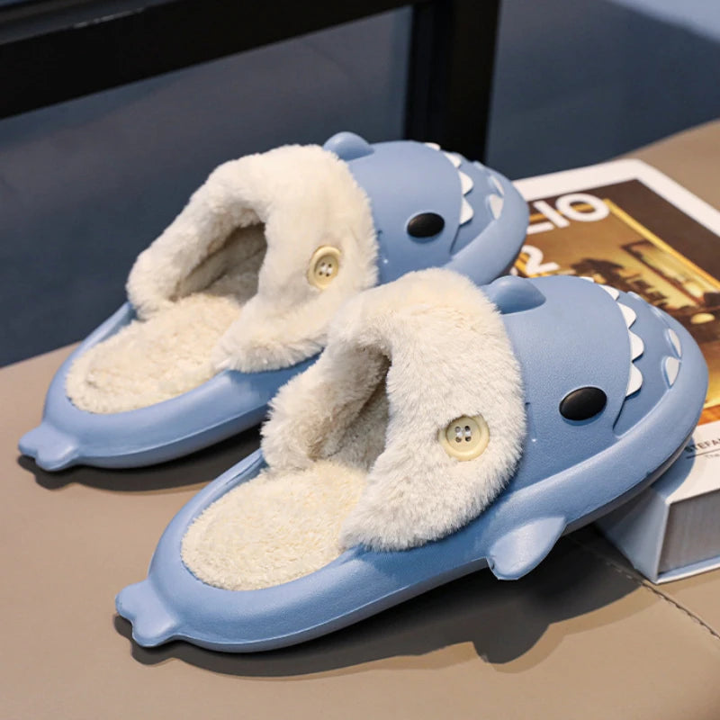 Cotton Shark Slippers Woman Waterproof Winter Warm Plush Non-slip Slides Indoor Home Couple Shark Flip Flops Sandals Flat Shoe ShopOnlyDeal