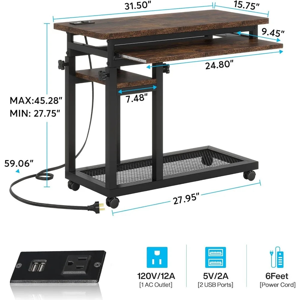 Small Portable Desk with Power Outlet, Height Adjustable Sofa Couch Bedside Laptop Table with Wheels ShopOnlyDeal