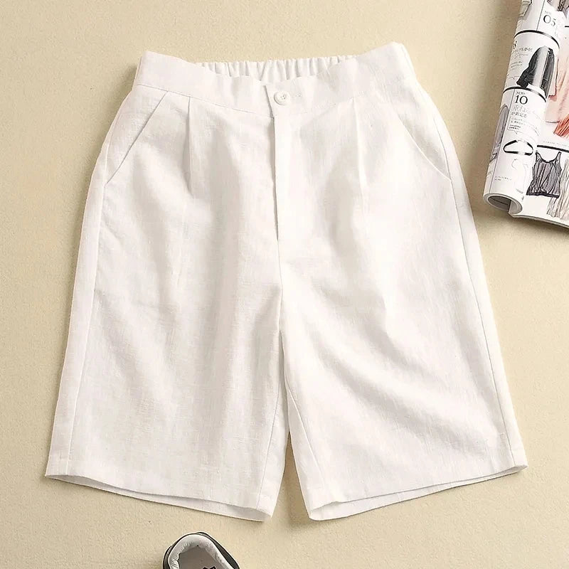 Casual Linen Cotton Elastic High Waist Wide Leg Button Loose Women's Shorts | Korean Fashion Summer Shorts Women 2024 ShopOnlyDeal