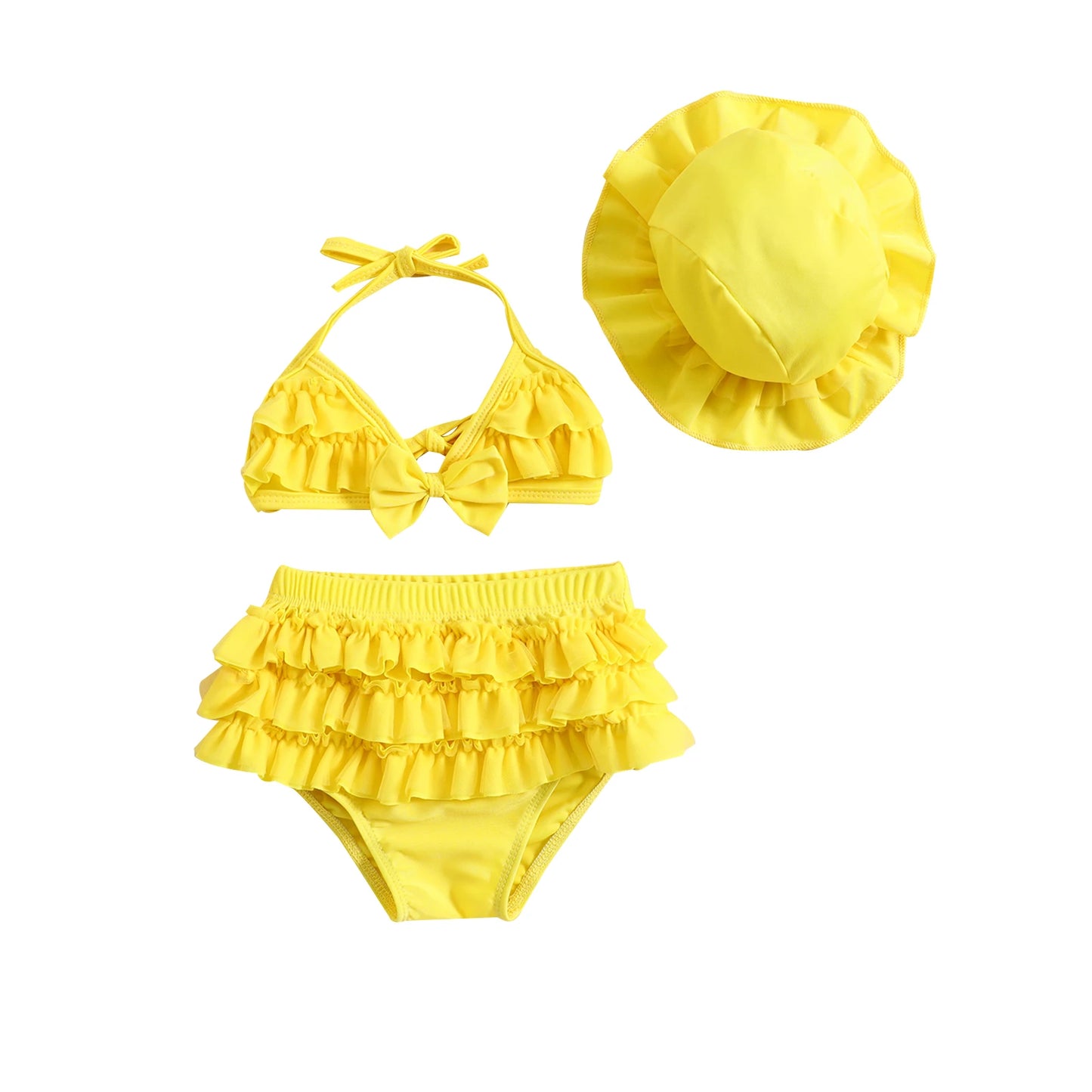 Toddler Baby Girls Summer Swimwear Bikini Set Lovely Babies Halter Neck Tops + Layered Ruffle Shorts + Hat Swimsuit Sets ShopOnlyDeal