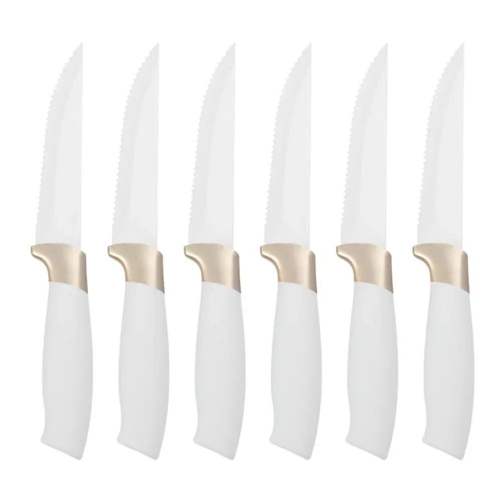 Beautiful 12 Piece Knife Block Set | Soft-Grip Ergonomic Handles | White and Gold by Drew Barrymore ShopOnlyDeal