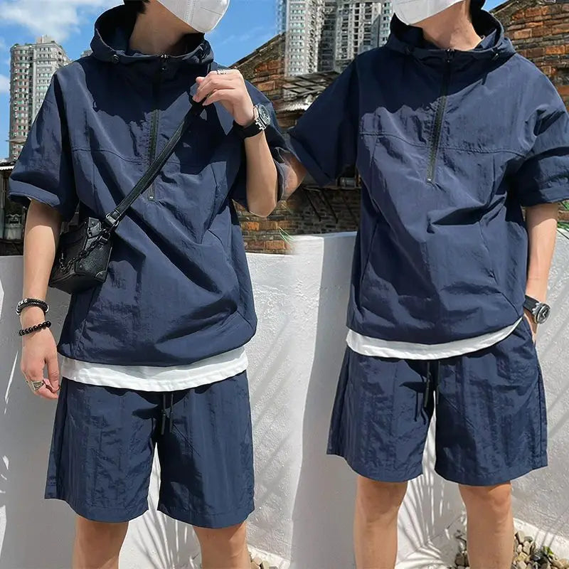 Summer Cargo Style Set | Men's Casual Hooded Solid Short Sleeve T-shirt | Shorts Loose Fashion | High-Quality Handsome Sweatshirt Suit ShopOnlyDeal