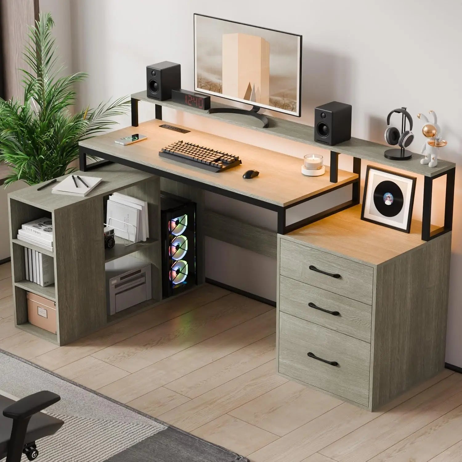 US L Shaped Computer Desk with 3 Drawers, 65.7" Large Desk with Power Outlet and LED Lights ShopOnlyDeal