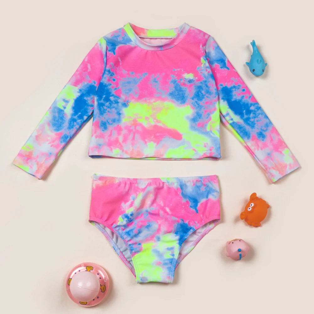 Tropical Tie-Dye Girls Long Sleeve Swimsuit Set | Two-Piece Hawaiian Swimwear | Kids' Swim Shirts & Bathing Suit ShopOnlyDeal