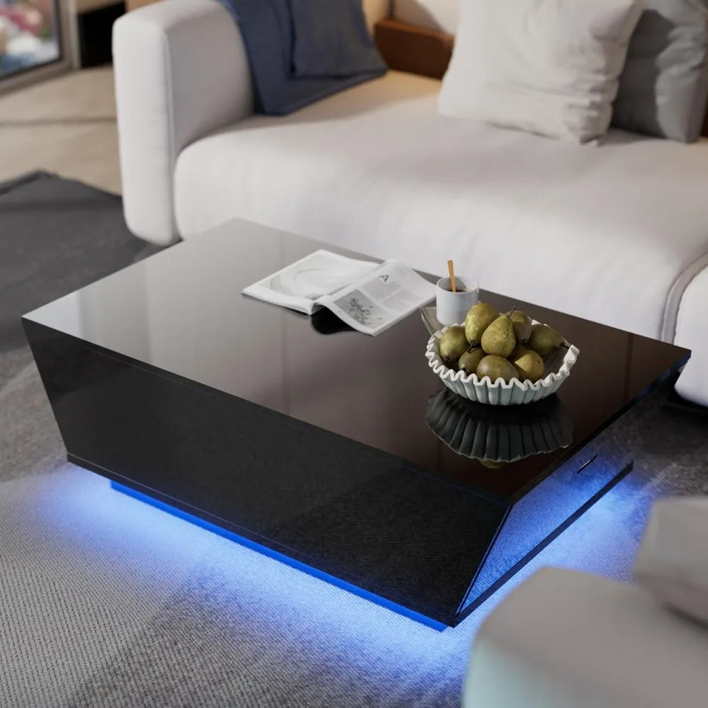 41" Black Modern Coffee Table with 12-Color LED Lights,High Gloss Contemporary Center Table with 2 Storage ShopOnlyDeal