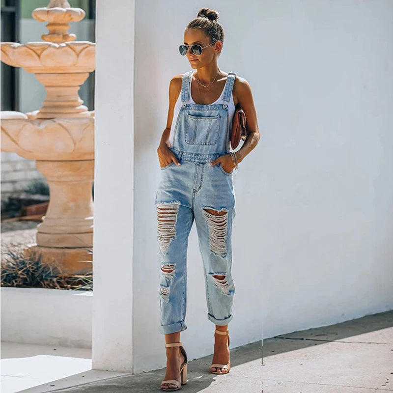 Women's Ripped Denim Jumpsuit | Fashion Slouchy Loose Pocket Slim Solid Color Blue Strap Jeans Trousers ShopOnlyDeal