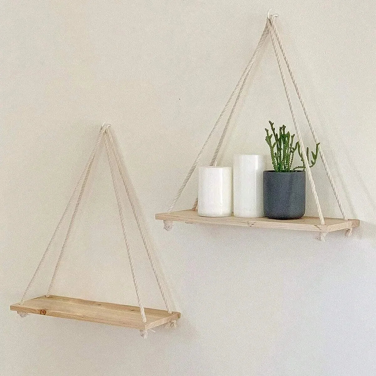 1PC Wooden Swing Hanging Hemp Rope Wall Shelve Mounted Floating Home Living Room Plant Flower Pot Tray Storage Garden Decoration ShopOnlyDeal