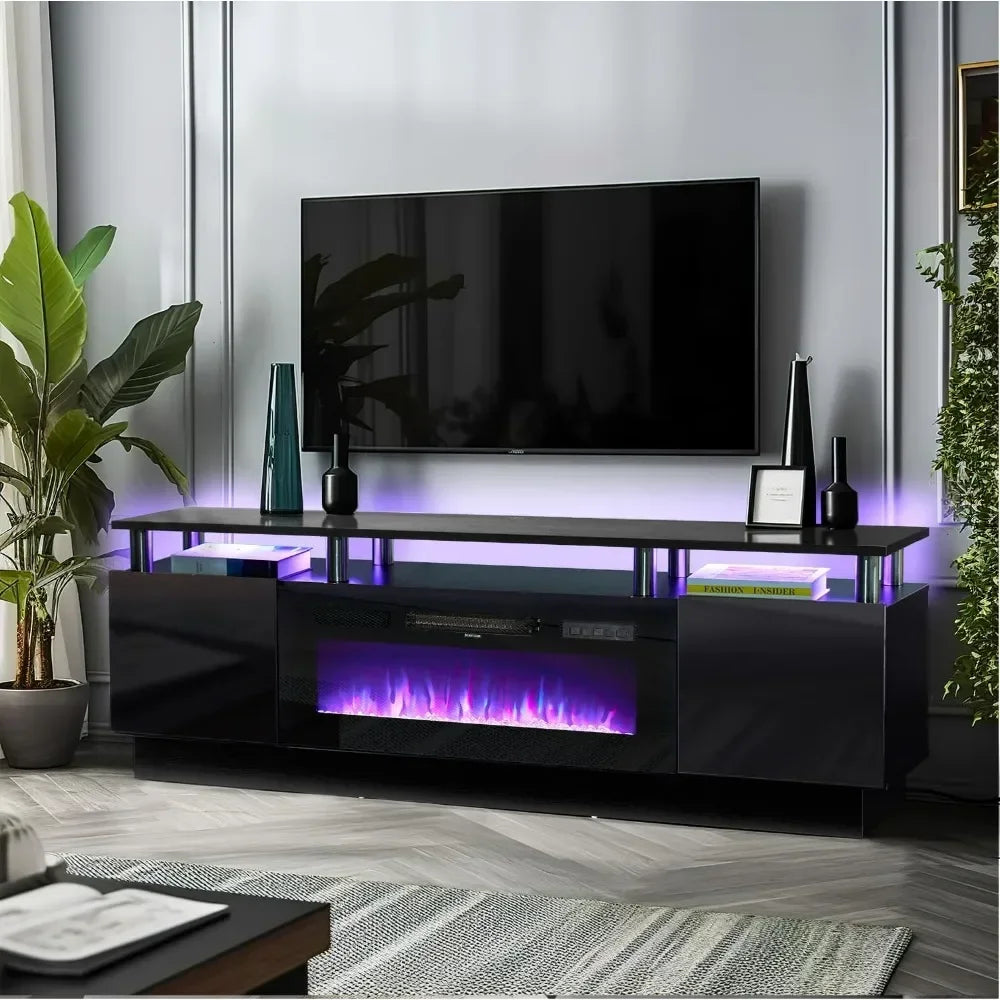 Fireplace TV Stand with 36" Electric Fireplace, LED Light Entertainment Center, 2 Tier Console Stand for TVs Up to 80", Black ShopOnlyDeal