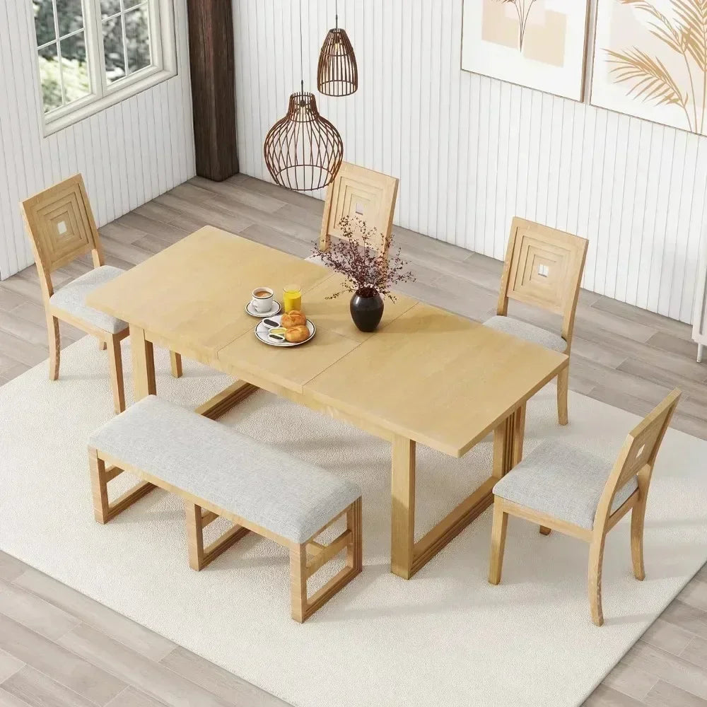 Wood Dining Table Set for 6 with 4 Chair & Bench， Kitchen Table and Chairs，Household dining table set ShopOnlyDeal