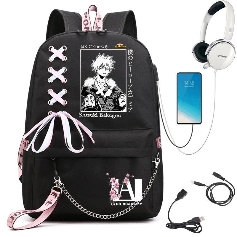 My Hero Academia Anime Women's Backpack | USB Port Ladies Travel Backpack | Shoulder Bag Featuring Katsuki Bakugo | Anime Trend Laptop Backpack ShopOnlyDeal