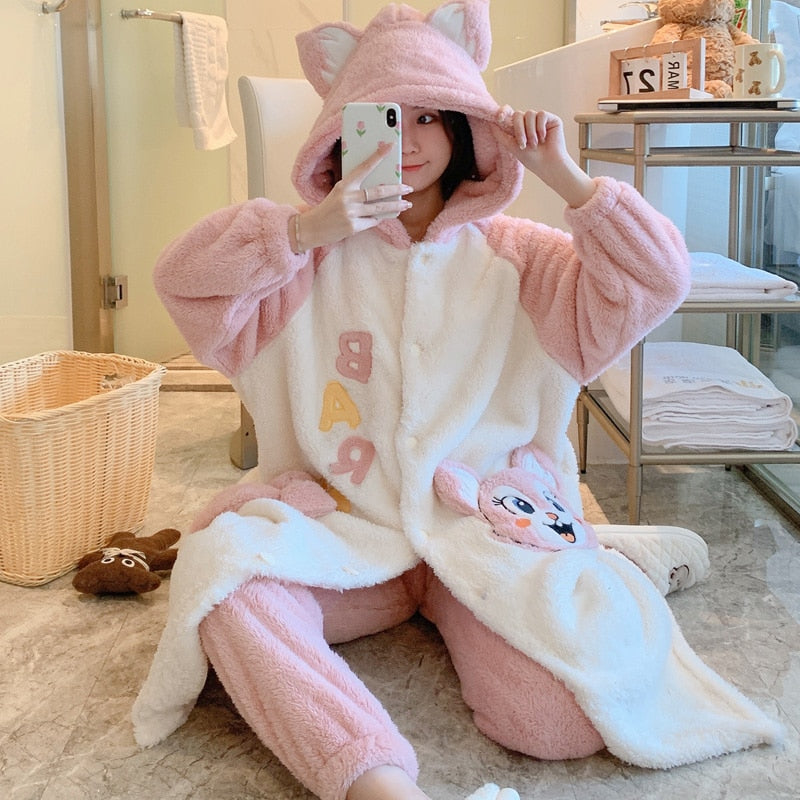 Kawaii Pajamas Women Warm Sweet Hooded Nightgown Winter Flannel Kawaii Home Clothes Female Cute Soft Chic Robes 2XL ShopOnlyDeal