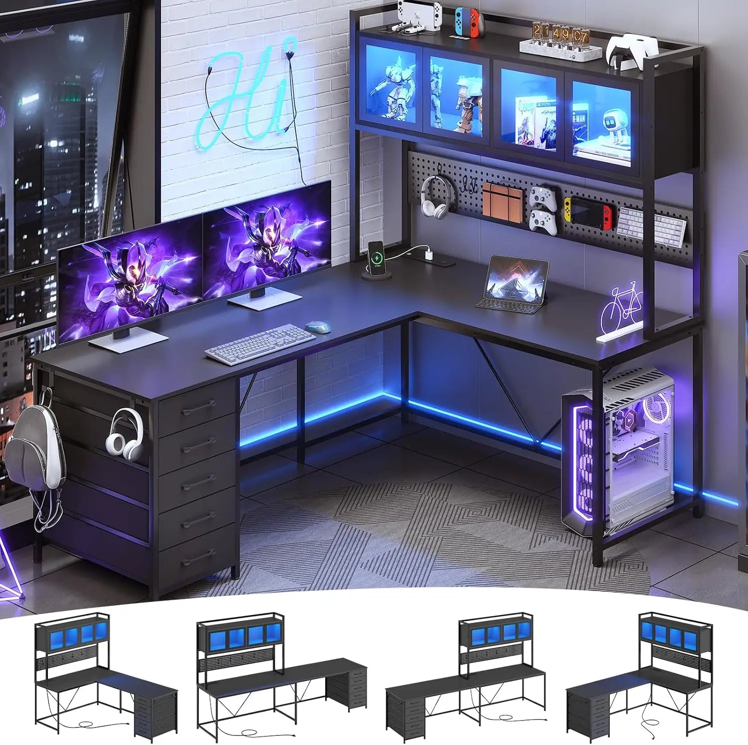 L Shaped Gaming Desk with Drawers, L Shaped Computer Desk with Hutch and Storage Shelves, Gaming Desk with Pegboard, ShopOnlyDeal