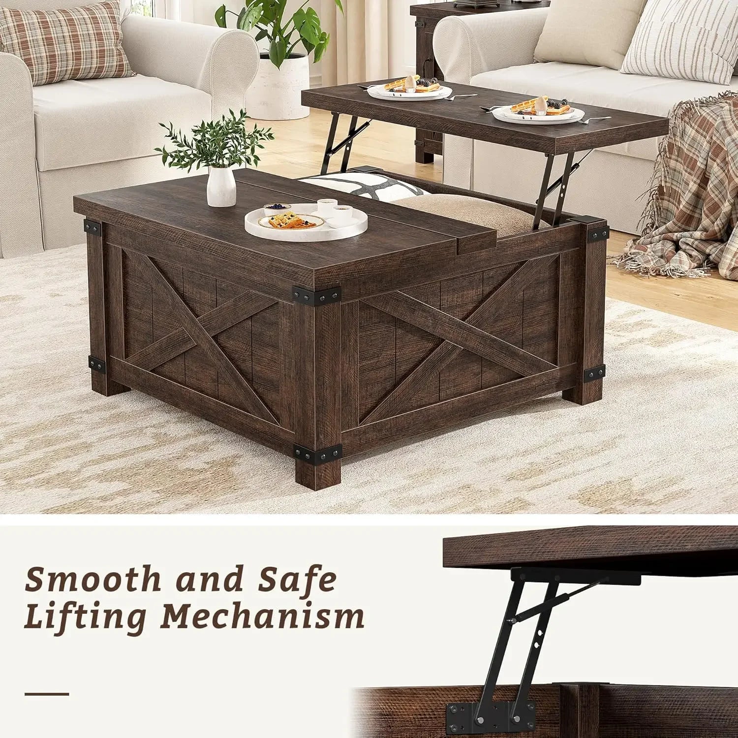 Farmhouse Coffee Table with Storage,Wood Center Table with Flip-Top Lids, Coffee Tables with Hinged Lift Top, Brown ShopOnlyDeal