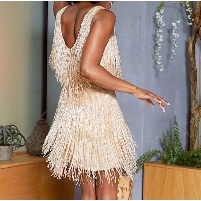 New Sexy Tassel Sequins Feather Mini Dress Women Spaghetti Strap Stitching Dresses Female Elegant Evening Party Club Dress ShopOnlyDeal