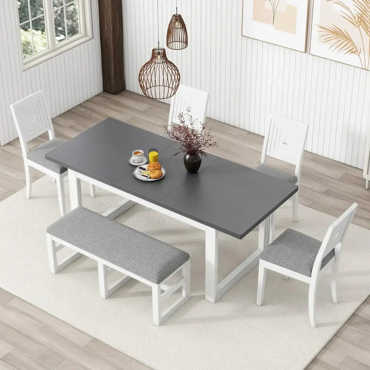 Wood Dining Table Set for 6 with 4 Chair & Bench， Kitchen Table and Chairs，Household dining table set ShopOnlyDeal