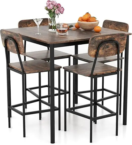 5-Piece Dining Table Set W/Counter Height Table & 4 Bar Stools, Modern Kitchen Dining Set W/Footrest & Backrest ShopOnlyDeal