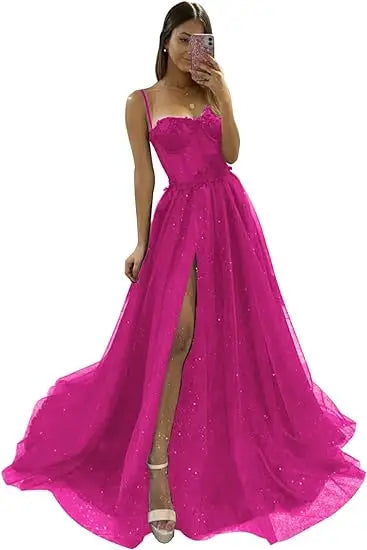 Glitter Tulle Ruffled Prom Dress Long Ball Gown Spaghetti Straps Lace Appliqued 3D Flower Slit Bridesmaid Dresses Cocktail party ShopOnlyDeal