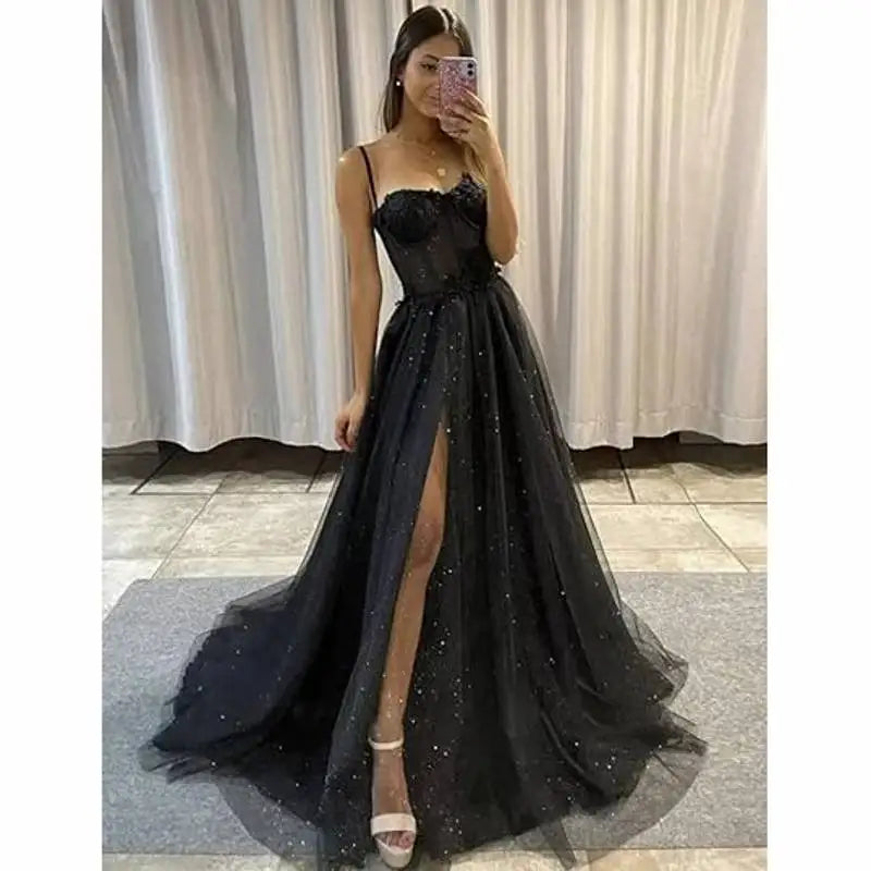 Glitter Tulle Ruffled Prom Dress Long Ball Gown Spaghetti Straps Lace Appliqued 3D Flower Slit Bridesmaid Dresses Cocktail party ShopOnlyDeal