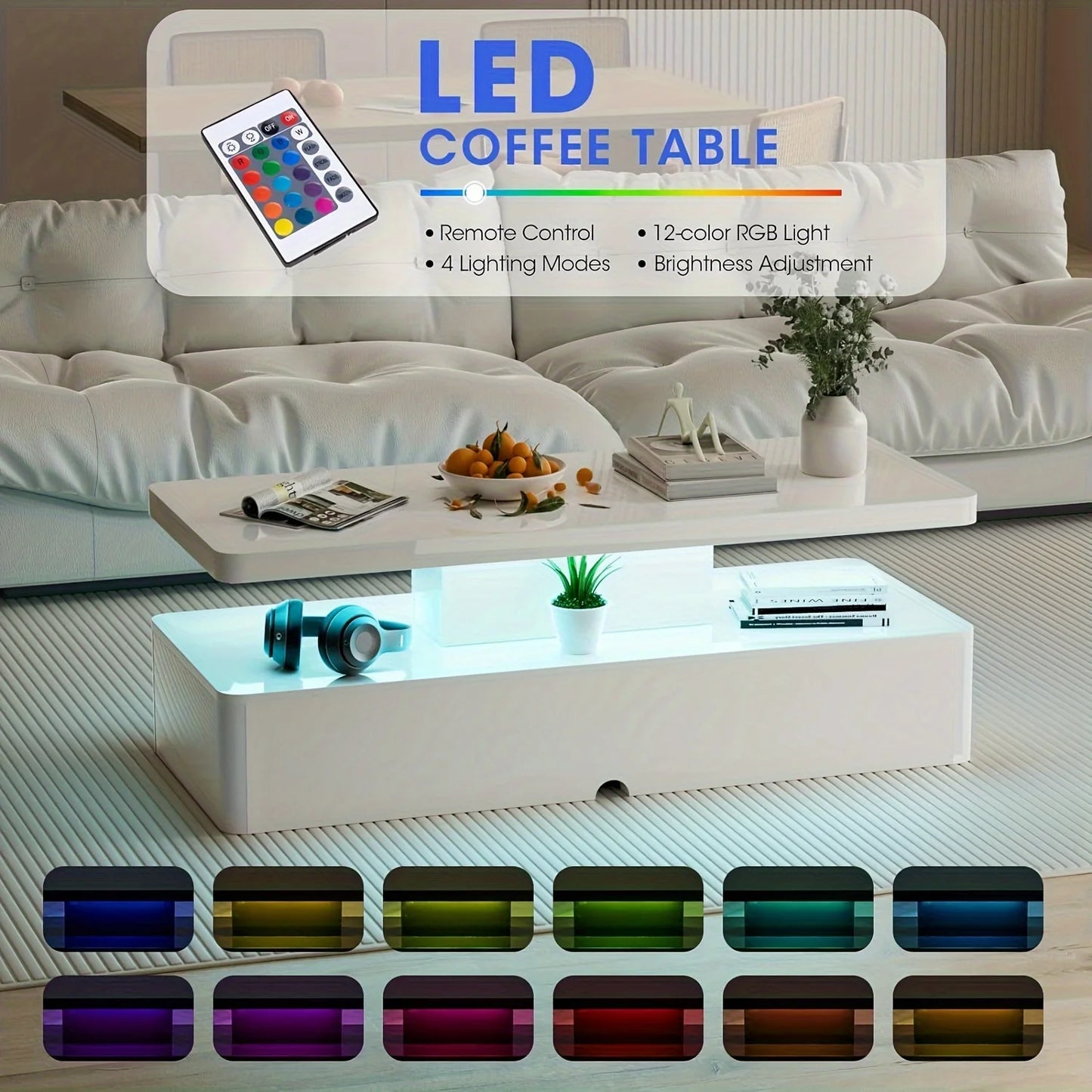 1pc, Modern Coffee Table With 16 Colors LED Lights, Double-Layer Design For Living Room, White ShopOnlyDeal