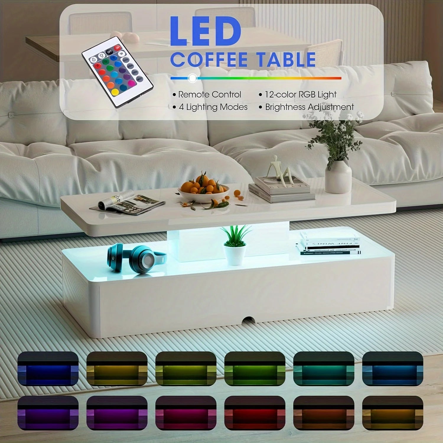 1pc, Modern Coffee Table With 16 Colors LED Lights, Double-Layer Design For Living Room, White ShopOnlyDeal