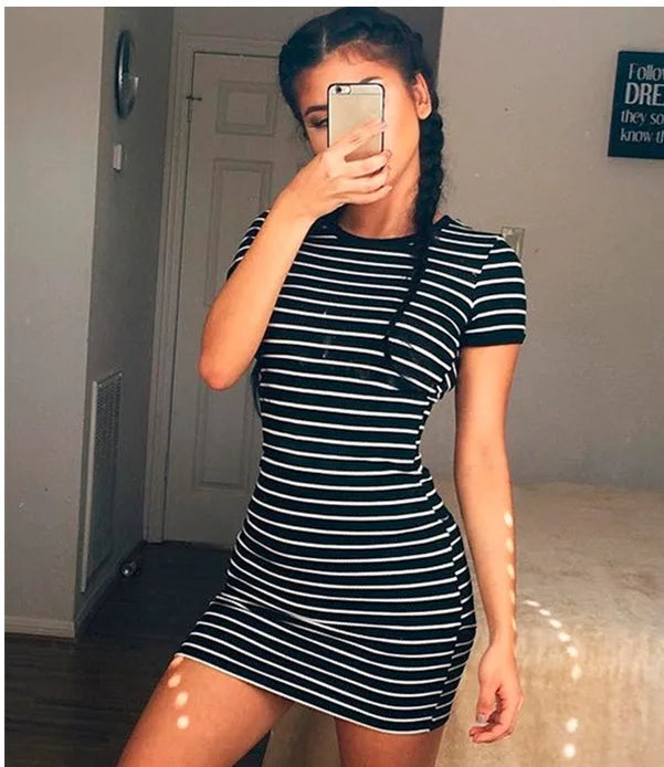 Summer Round Neck Enough Stock Short-sleeved Dress Black And White Striped Dresses Casual Elegant Sheath Slim Dress ShopOnlyDeal