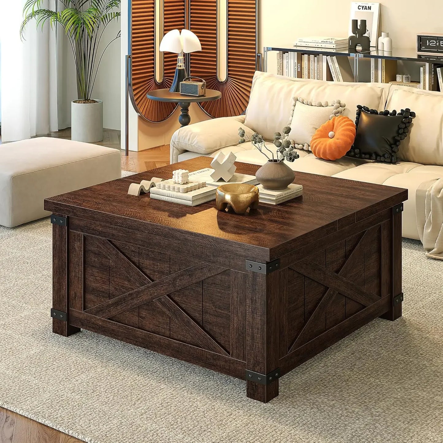 Farmhouse Coffee Table with Storage,Wood Center Table with Flip-Top Lids, Coffee Tables with Hinged Lift Top, Brown ShopOnlyDeal