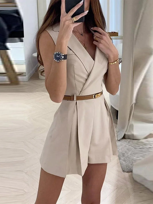 Sexy Sleeveless Jumpsuit Women 2024 | Spring Summer Fashion Slim Lapel Pocket Onesie | Ladies Elegant Female Solid Pleated Outfits ShopOnlyDeal