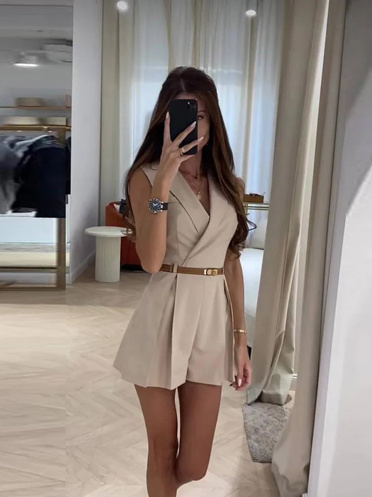 Sexy Sleeveless Jumpsuit Women 2024 | Spring Summer Fashion Slim Lapel Pocket Onesie | Ladies Elegant Female Solid Pleated Outfits ShopOnlyDeal