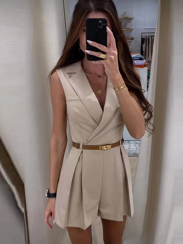 Sexy Sleeveless Jumpsuit Women 2024 | Spring Summer Fashion Slim Lapel Pocket Onesie | Ladies Elegant Female Solid Pleated Outfits ShopOnlyDeal