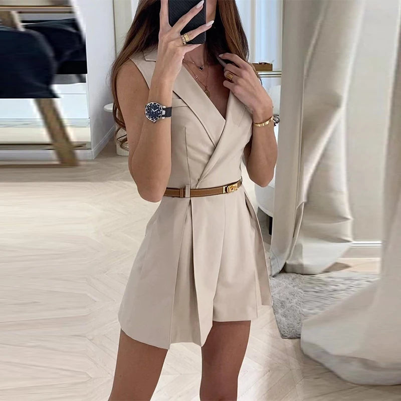 Sexy Sleeveless Jumpsuit Women 2024 | Spring Summer Fashion Slim Lapel Pocket Onesie | Ladies Elegant Female Solid Pleated Outfits ShopOnlyDeal