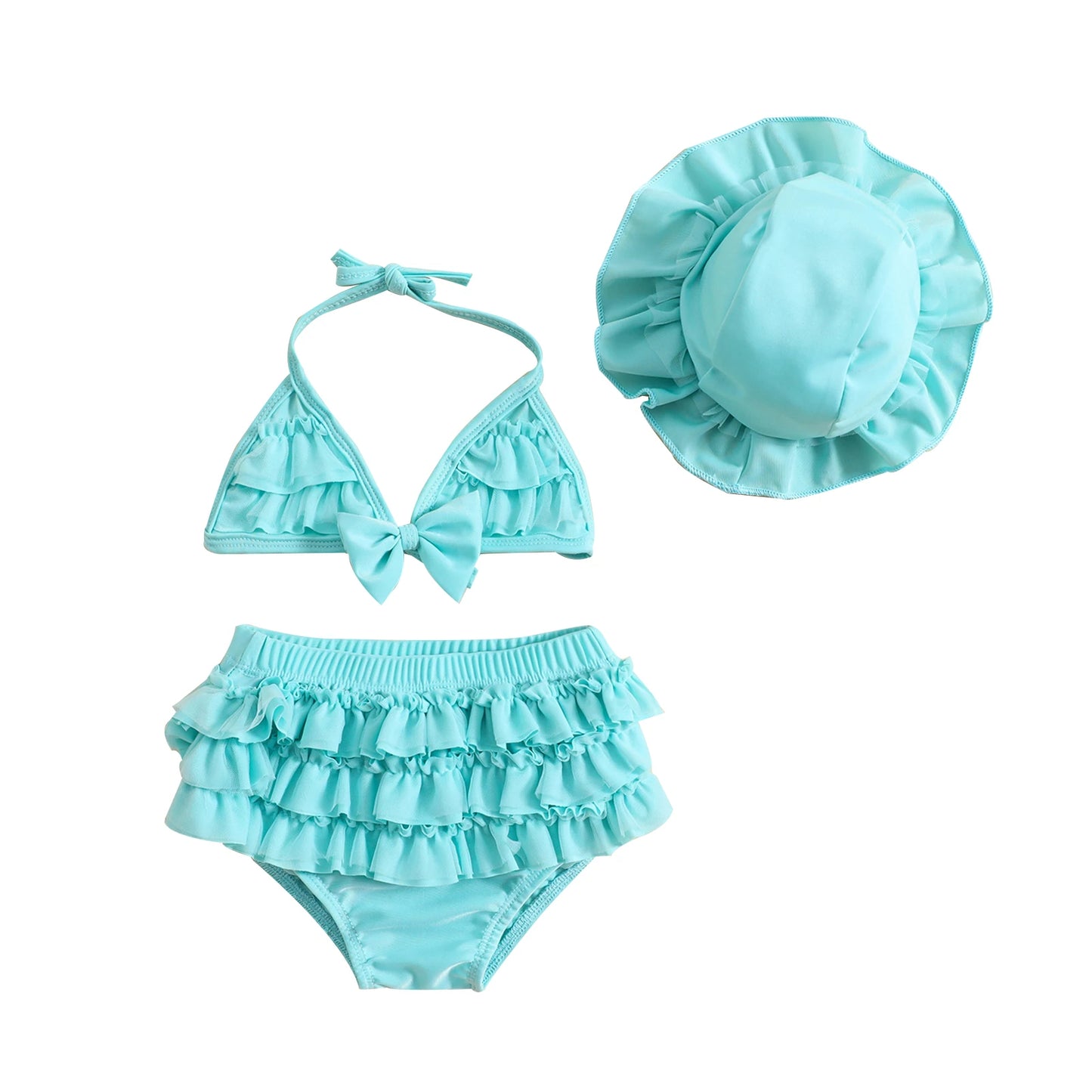 Toddler Baby Girls Summer Swimwear Bikini Set Lovely Babies Halter Neck Tops + Layered Ruffle Shorts + Hat Swimsuit Sets ShopOnlyDeal