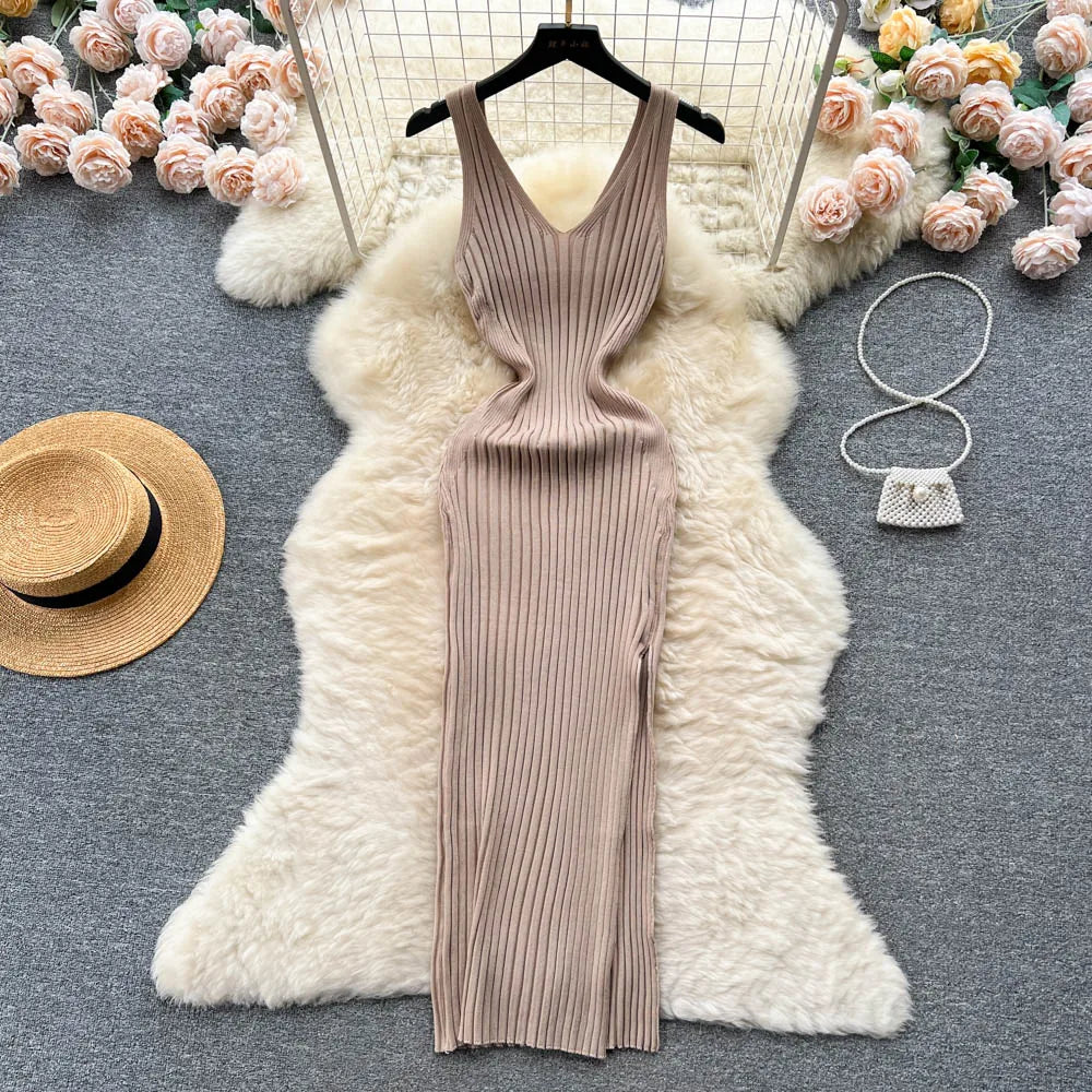 Chic Fashion Sexy Wrap Hips Split Knitted Autumn Dress Women Slim Elastic Bodycon Long Dress Streetwear Outfits Vestido ShopOnlyDeal