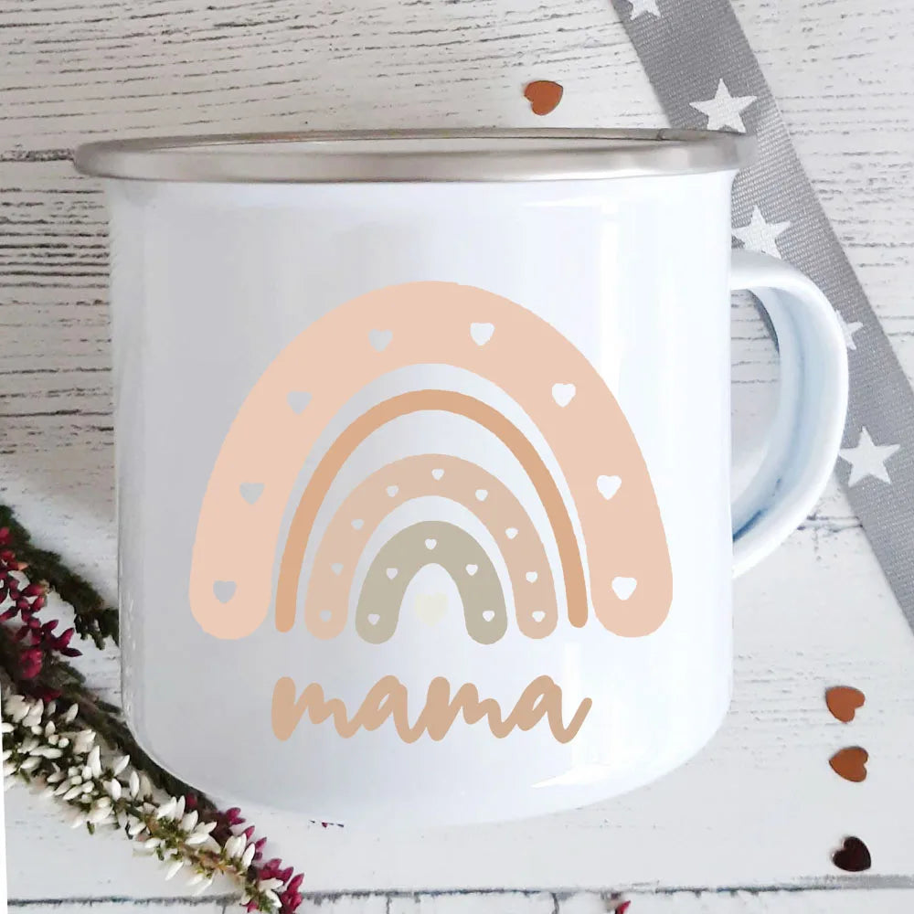 Mama Rainbow Print Enamel Mug | Home Party Wine Beer Drink Juice Cups | Kitchen Drinkware with Handle | Breakfast Milk Oat Mug | Holiday Gift ShopOnlyDeal