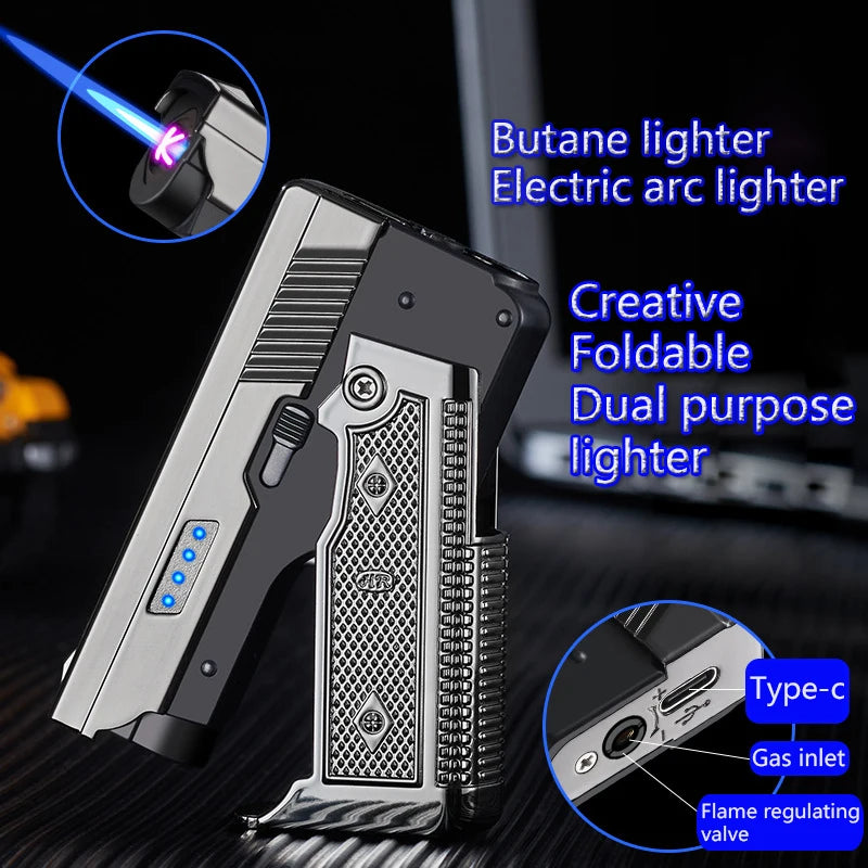 New Windproof Gas-Electric Plasma Type C USB Rechargeable Lighter | Folding Gun Butane Torch | Turbo Jet Flame Cigar Lighter | Men's Gift ShopOnlyDeal