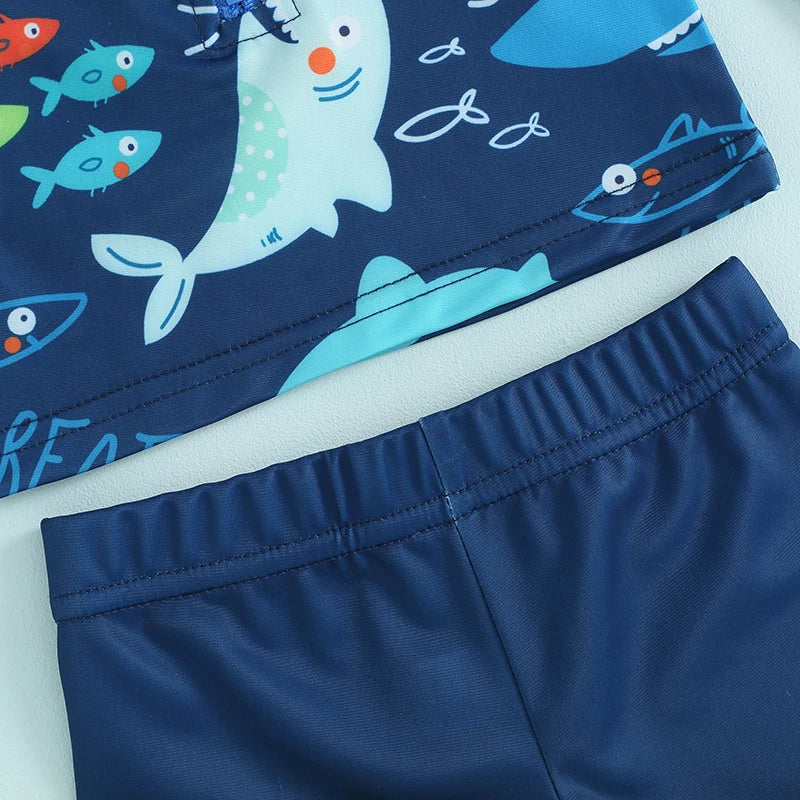 Toddler Baby Boys Summer Swimsuit Set Fish Print Long Sleeve Tops Elastic Waist Swim Trunks Hat Kids 3Pcs Bathing Suit ShopOnlyDeal