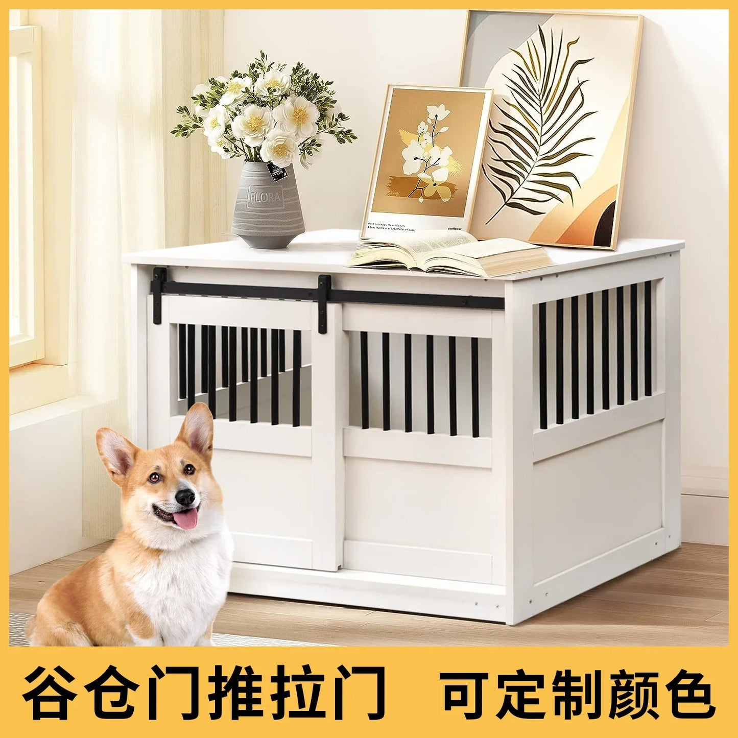 Dog Crate Furniture Large Dog Barn Door Puppy Kennel Thickened Farmhouse Top Metal Bars White Decorative Modern Dog Crate ShopOnlyDeal