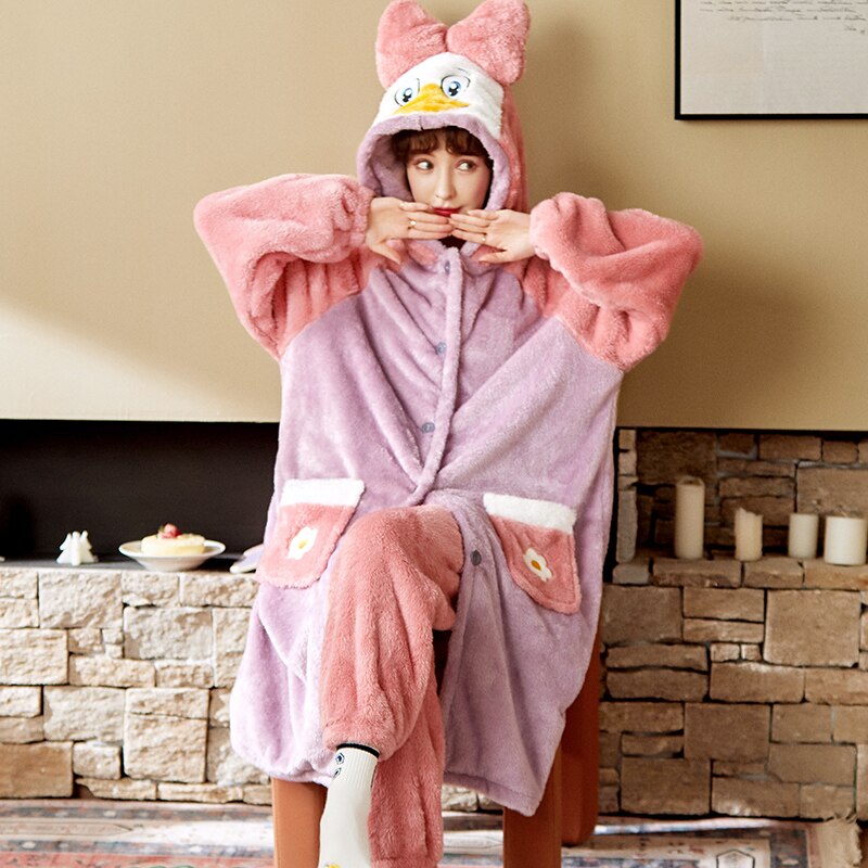 Kawaii Pajamas Women Warm Sweet Hooded Nightgown Winter Flannel Kawaii Home Clothes Female Cute Soft Chic Robes 2XL ShopOnlyDeal