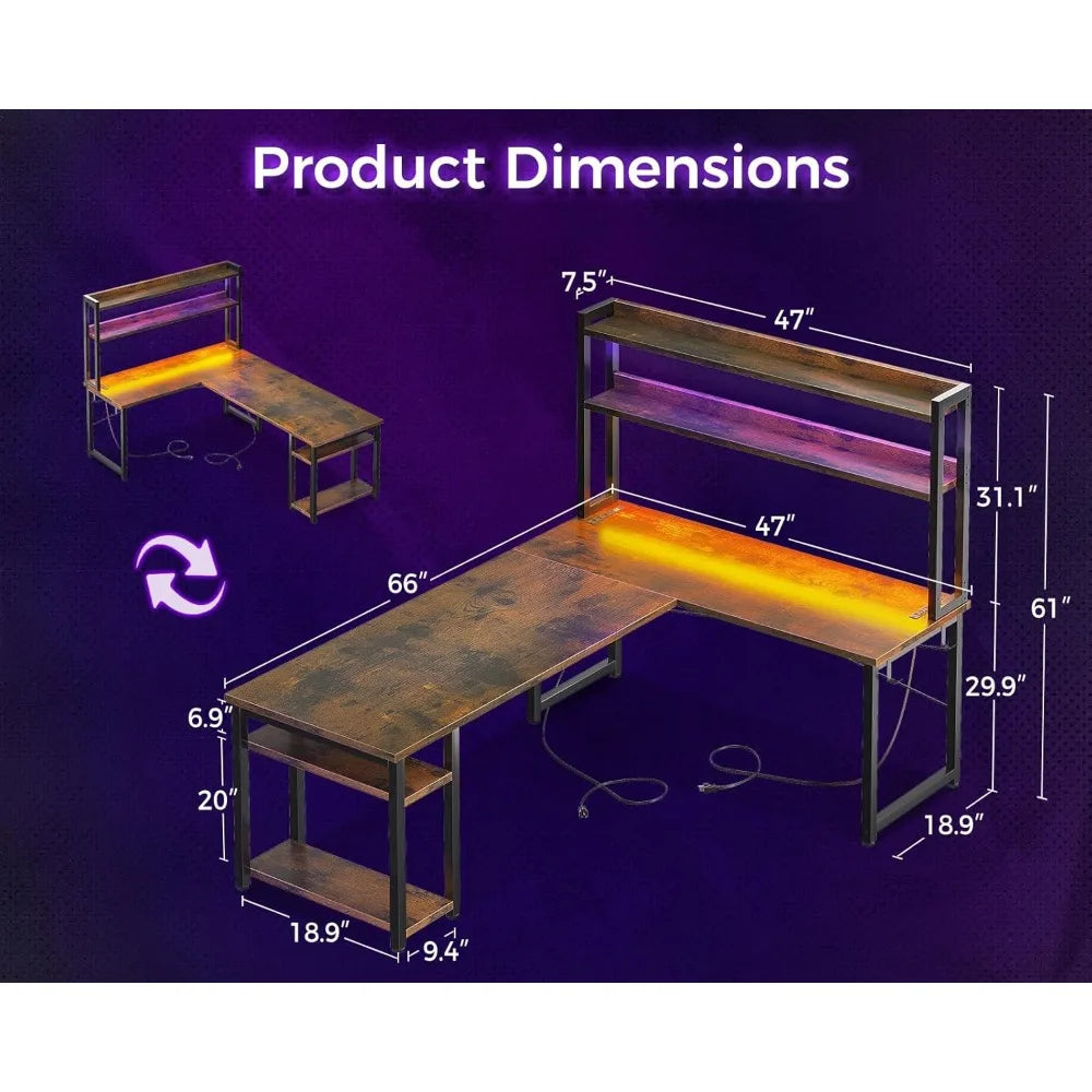 Computer Desk, 66 in. with Storage Cabinet, Power Outlet, LED Lights and Monitor Stand, Storage Shelf, Computer Gaming Table ShopOnlyDeal