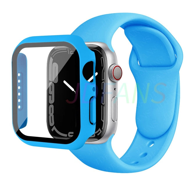 Glass+Case+Strap for Apple Watch 7 6 5 Band 41mm 45mm 44mm 40mm 38mm 42mm Screen Protectors for Apple IWatch Series 7 6 SE 5 3 4 ShopOnlyDeal