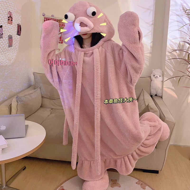 Winter Women's Sleeping Dress Robe Funny Octopus  Night-Robe Pijama Mujer Coral Velvet Pyjama Pour Femme Hooded Night Dress ShopOnlyDeal