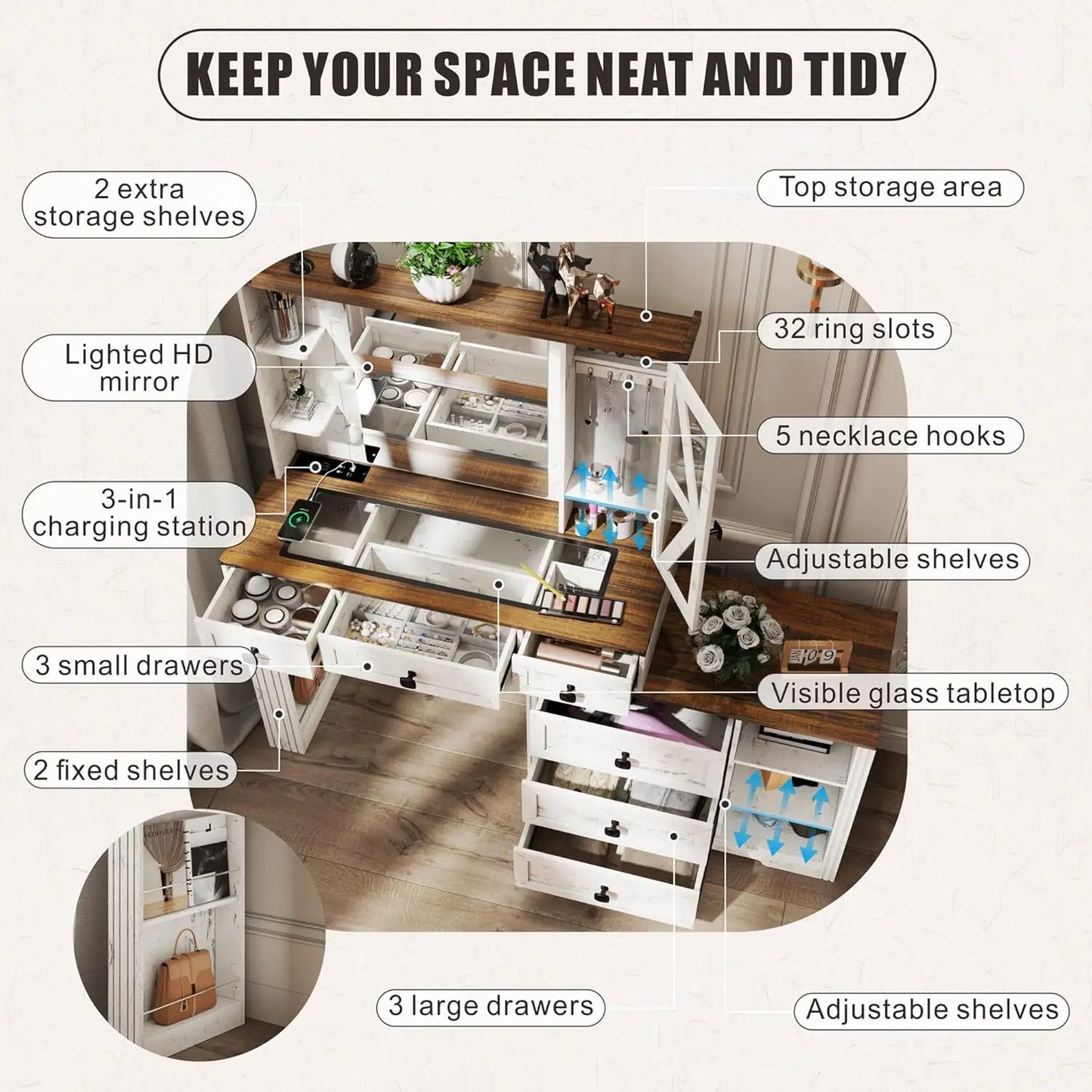Farmhouse Vanity Desk with Mirror and Lights, Makeup Vanity Table with 6 Drawers/Large Storage,White Dressing Table 3 Colors Adj ShopOnlyDeal