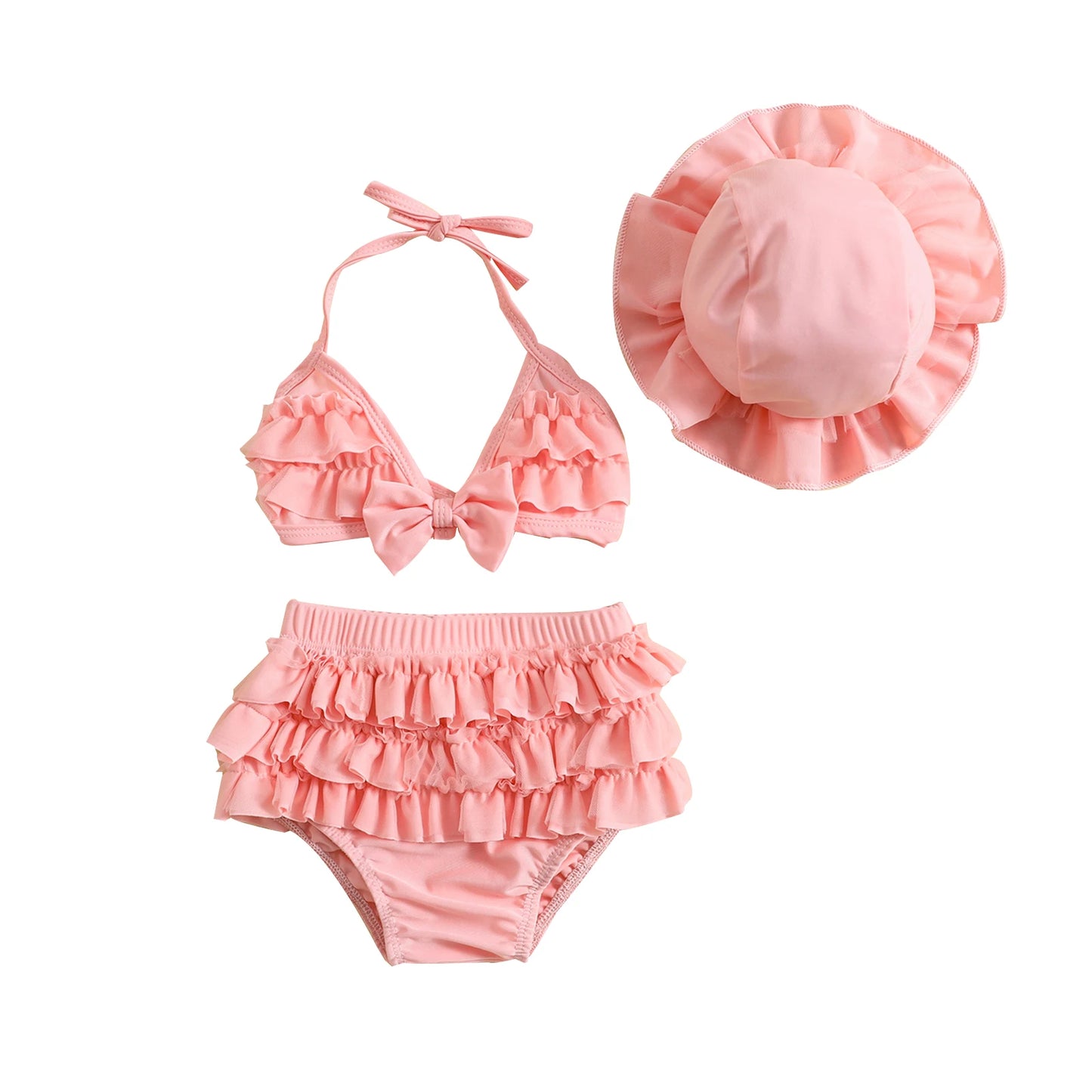 Toddler Baby Girls Summer Swimwear Bikini Set Lovely Babies Halter Neck Tops + Layered Ruffle Shorts + Hat Swimsuit Sets ShopOnlyDeal