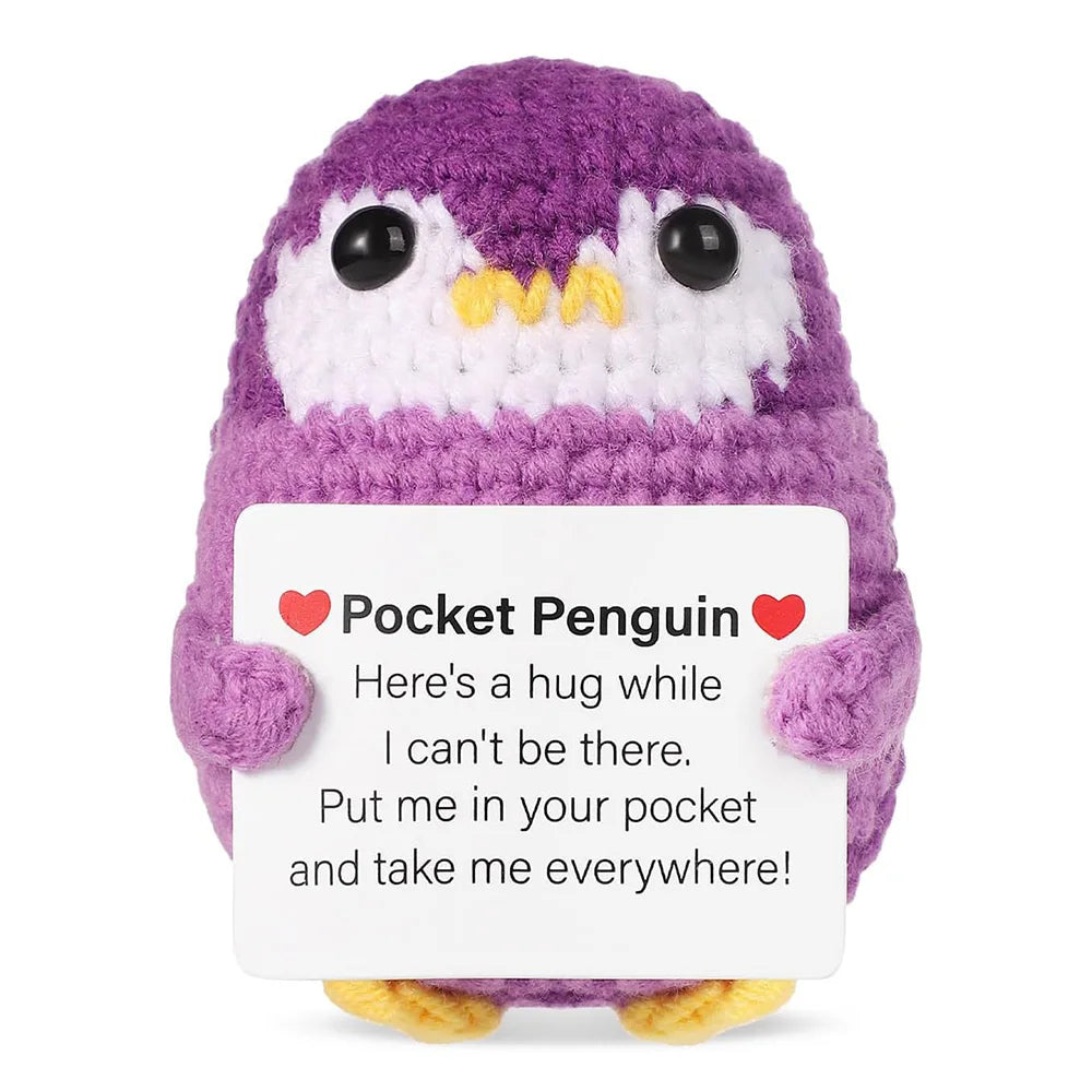 Positive Energy Penguin Hug Pocket Mini Handmade Plush Wool Knitting Doll With Card Funny Christams Gift Home Room Decoration ShopOnlyDeal