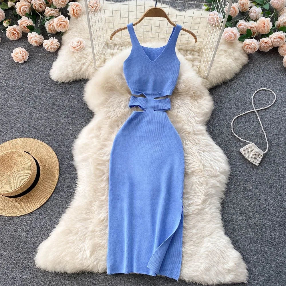 Women Dress Sexy Cut Out Waist Package Hips Split Bodycon Dress Summer Fashion Lady Knitted Party Vestidos Sundress ShopOnlyDeal