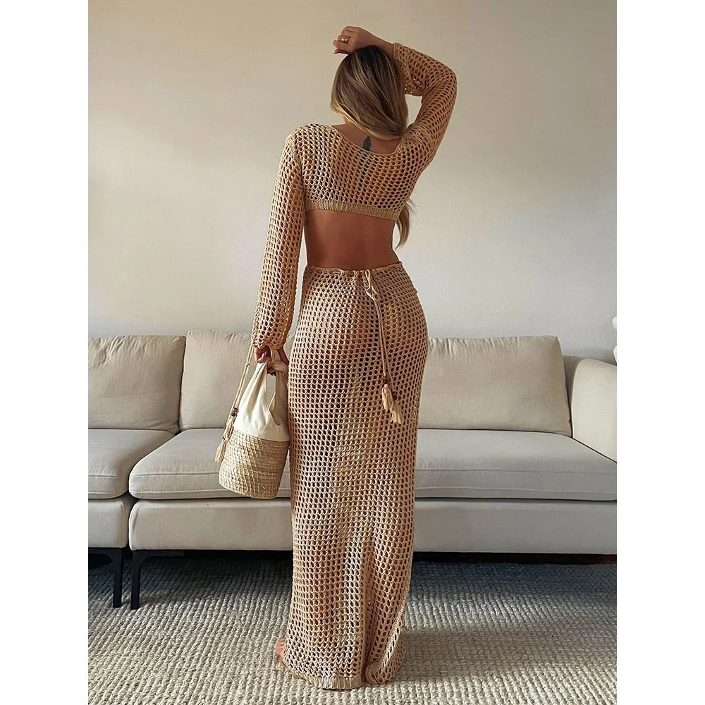 2024 Knitted Cover Up Beach Sexy See-Through Maxi Slit Bodycon Hollow Out Summer Dress | Bikinis Cover-Ups | Elegant Beachdress ShopOnlyDeal