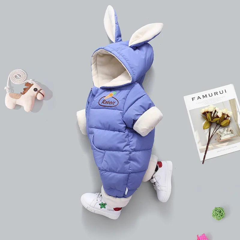 2024 Winter Baby Girls Rompers Plus Velvet Warm Hooded Infant Girl Snowsuit Cartoon Rabbit Ears Toddler Girls Overalls Clothes ShopOnlyDeal