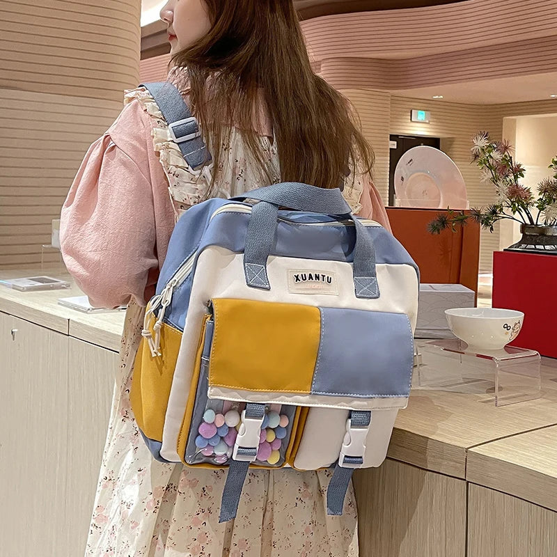 Contrast Color Korean Style Women's Backpack Women's Bag 2022 Trend Multifunctional Schoolgirl's Nylon Fabric School Bag Kawaii ShopOnlyDeal