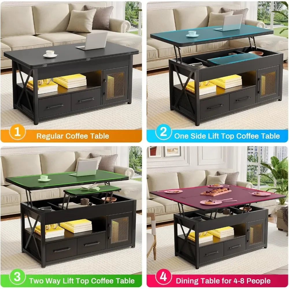 Coffee Tables Lift 4 in 1  with Storage Room, Small Farmhouse Coffee Table with 2 Fabric Drawers & LED Light for Dining Room ShopOnlyDeal